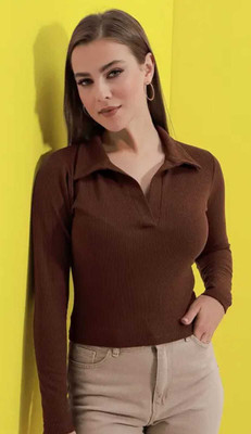 MVSTRENDS Casual Solid Women Brown Top