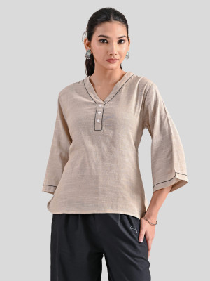 QuaClo Casual Solid Women Beige Top