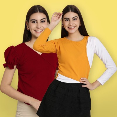 METRONAUT Casual Solid Women Maroon, Yellow, White Top