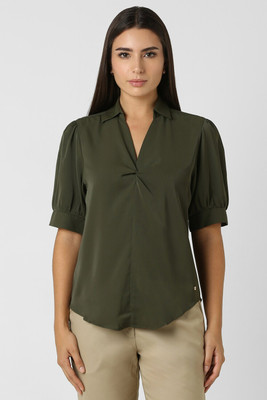 VAN HEUSEN Formal Solid Women Green Top