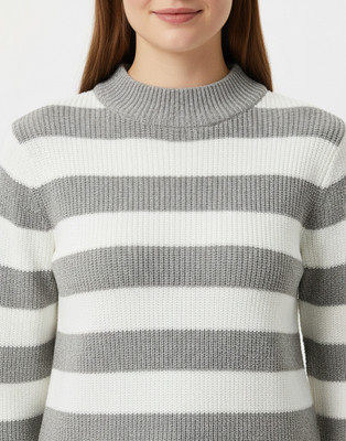 Crazy Look Striped Round Neck Casual Women Grey, White, Multicolor Sweater