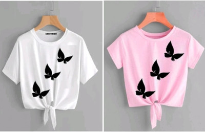 ROUGH Casual Printed Women White, Pink Top