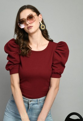 SFOTY Casual Solid Women Maroon Top