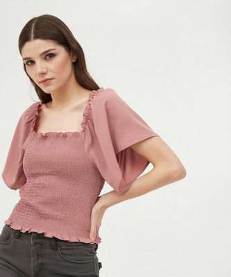 ab young Casual Solid Women Beige Top