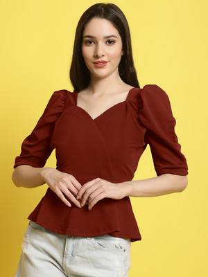 Fabflee Casual Solid Women Maroon Top