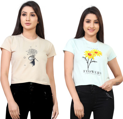 Tween Trends Casual Printed Women Beige, Light Green Top