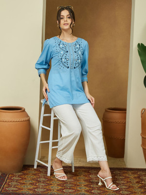 Janasya Casual Embroidered Women Blue Top