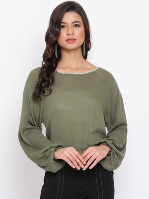 OXOLLOXO Casual Puff Sleeve Solid Women Green Top