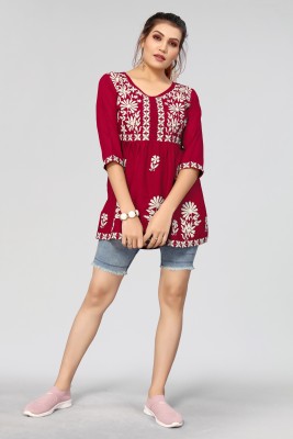 Winza Designer Casual Embroidered Women Red, White Top