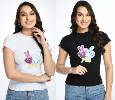 GLADLY Casual Printed Women White, Black Top