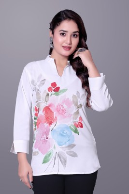 Seleesa Formal Floral Print Women White Top