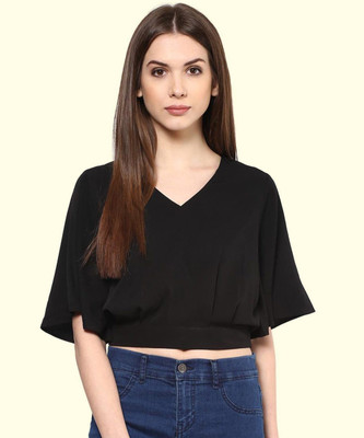 HARPA Casual Half Sleeve Solid Women Black Top