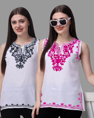 aakrushi Casual Embroidered Women Silver, Pink Top