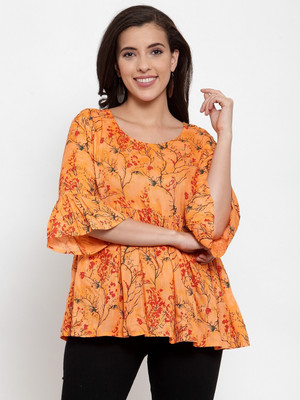 FEBIA Casual Bell Sleeve Printed Women Orange Top