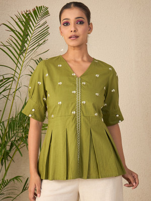 WineRed Casual Embroidered, Self Design Women Green Top