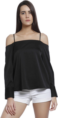 VERO MODA Casual Cold Shoulder Solid Women Black Top