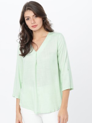 Tokyo Talkies Casual 3/4 Sleeve Solid Women Green Top