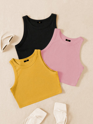 CILIMILI Casual Self Design Women Black, Yellow, Pink Top