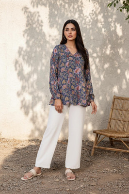 Folksong Casual Floral Print Women Blue Top