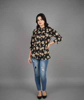 Fatima fashion Casual Floral Print Women Black Top