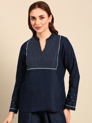 De Moza Casual Embroidered Women Dark Blue Top