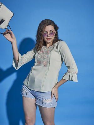 CORSICA Casual Embroidered Women Green Top