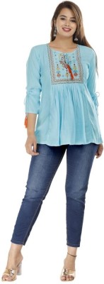 Aabhar Casual Embroidered Women Light Blue Top