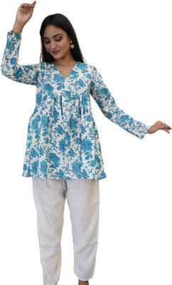 HouseofRivaa Casual Floral Print, Printed Women White, Blue Top