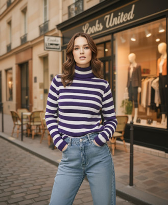 Looks United Casual Striped Women Purple, White Top