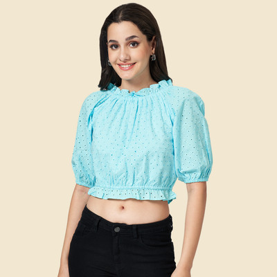 YU by Pantaloons Casual Self Design Women Blue Top