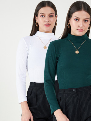 HouseOfCommon Casual Solid Women White, Dark Green Top