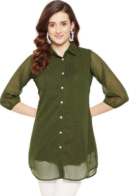 HouseOfCommon Casual Solid Women Dark Green Top