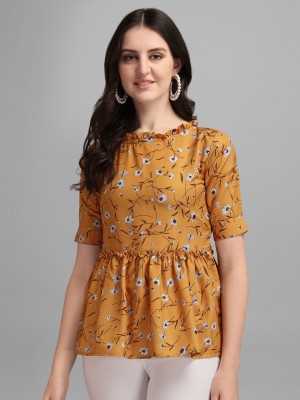 DERIFA Casual Floral Print Women Yellow Top