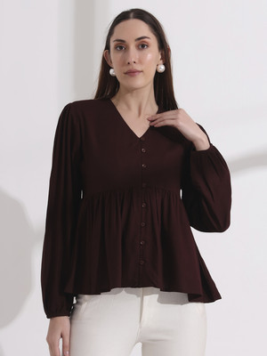 fithub Casual Self Design Women Brown Top