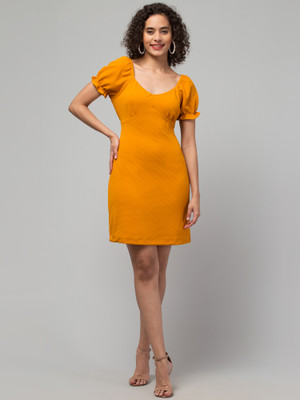 HAPPY BROTHERS Women Drop Waist Orange Above Knee/Mid Thigh Length Dress