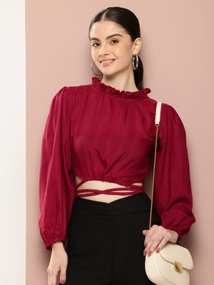 IRONIC CREATION Casual Self Design Women Maroon Top