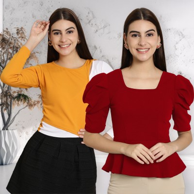 METRONAUT Casual Color Block, Self Design Women Maroon, Yellow Top