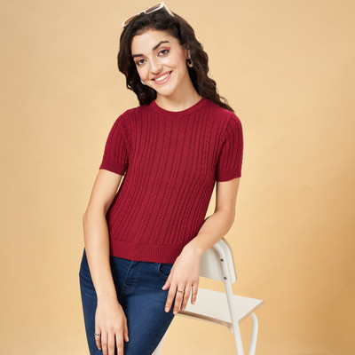 PEOPLE Casual Self Design Women Maroon Top