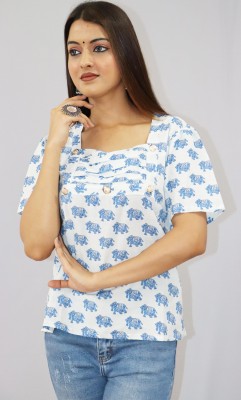 Padlaya Fashion Casual Printed Women White, Blue Top