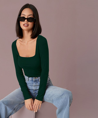 Dream Beauty Fashion Casual Solid Women Dark Green Top