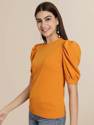 ANNSPRING Casual Solid Women Yellow Top