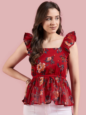 Deewa Party Floral Print Women Red Top