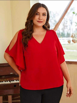 AFASION Party Solid, Self Design Women Red Top