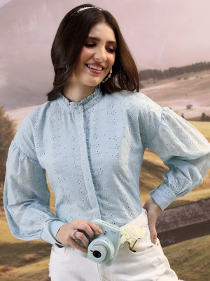 Tokyo Talkies Casual Solid Women Light Blue Top