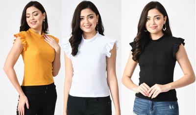 GLADLY Casual Solid Women Black, White, Yellow Top