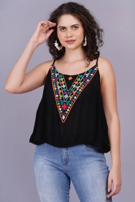 MINGLAY Casual Embroidered Women Black Top