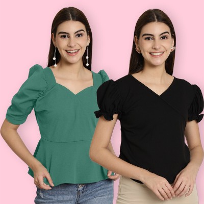 Tromko Casual Solid Women Green, Black Top