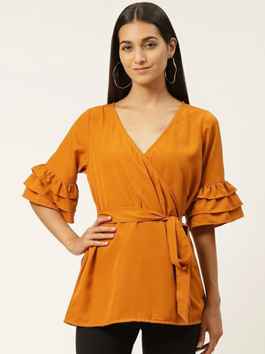 VYMO Casual Solid Women Yellow Top