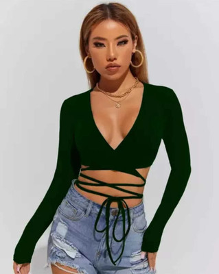 GOULFASHION Casual Self Design Women Dark Green Top