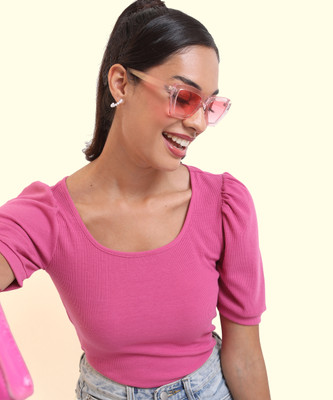 Tokyo Talkies Casual Solid Women Pink Top
